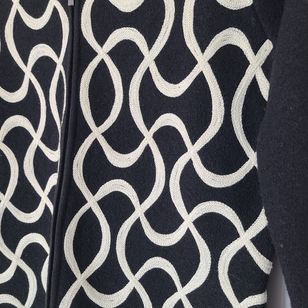 Talbots Black Wool Full Zip Sweater Cardigan Cream Geometric Embroidery LP - Picture 5 of 11